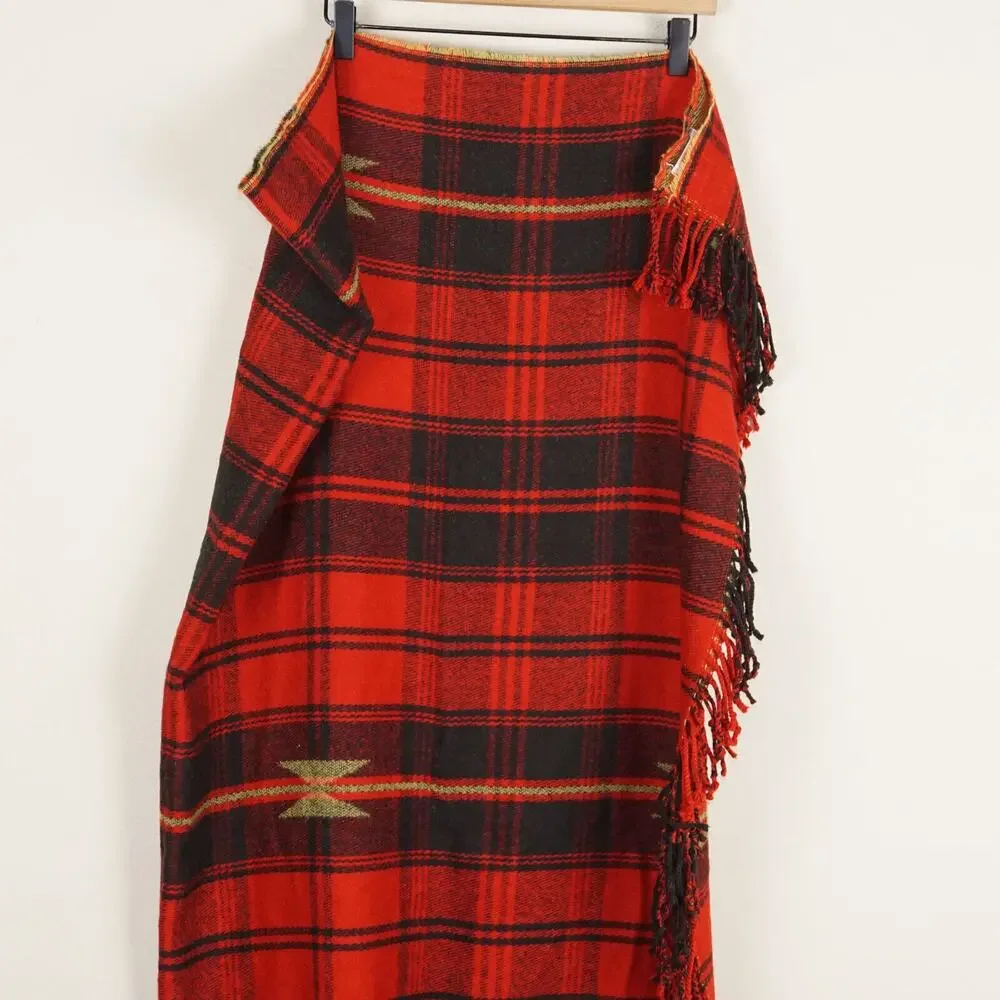 Pottery Barn 50 in x 50 in Red Black Tartan Plaid Fringe Throw Blanket